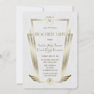 Royal Gold Art Deco Monogram White Engagement Invitation