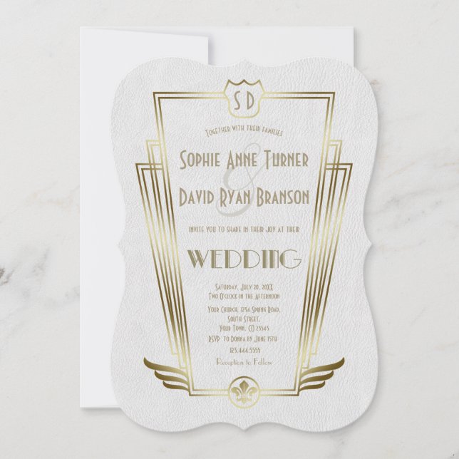 Royal Gold Art Deco Monogram White Wedding Invite (Front)
