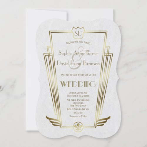 Royal Gold Art Deco Monogram White Wedding Invite