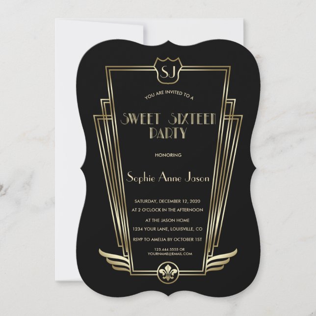 Royal Gold Black Art Deco Monogram Sweet 16 Invite (Front)