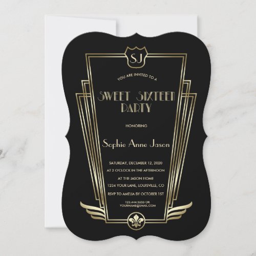 Royal Gold Black Art Deco Monogram Sweet 16 Invite