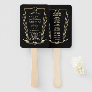 Royal Gold Black Art Deco Monogram Wedding Program Hand Fan