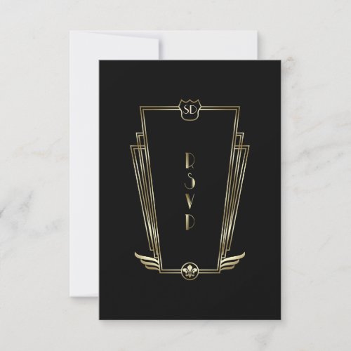 Royal Gold Black Art Deco Monogram Wedding RSVP