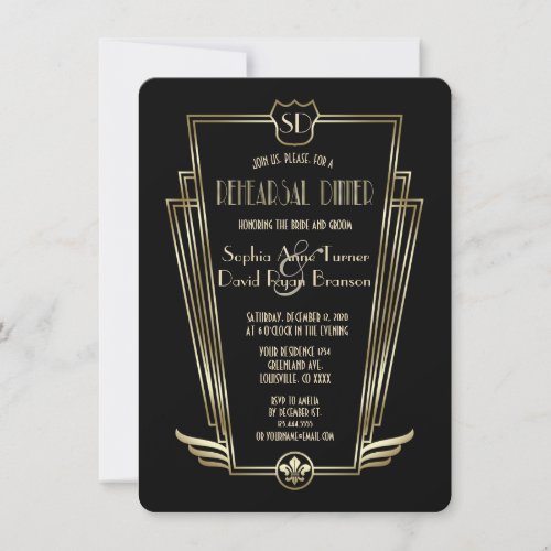 Royal Gold Black Art Deco Rehearsal Dinner Invitation