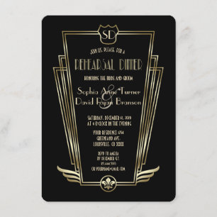 Royal Gold Black Art Deco Rehearsal Dinner Invitation