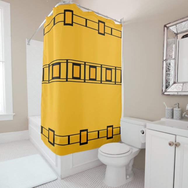 Royal Gold Black Bold Geometric Blocks Shower Curtain (In Situ)