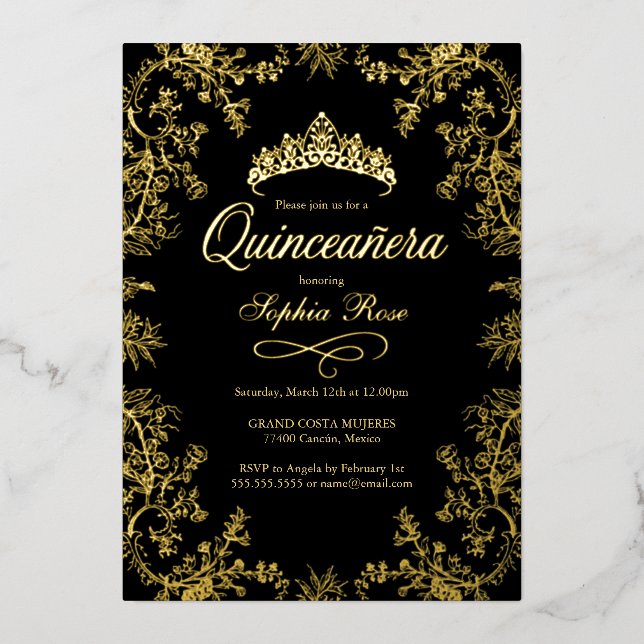 Royal Gold Black Crown Floral Quinceanera  Foil Invitation (Front)