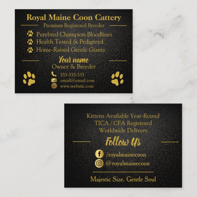 Royal Gold & Black Customizable Maine Coon Breeder Business Card (Front/Back)