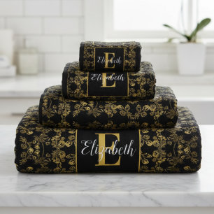 Royal Gold & Black Damask Floral Pattern Monogram Bath Towel Set