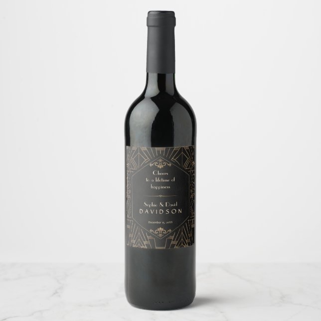 Royal Gold Black Great Gatsby 1920s Wedding Wine Label (Front)