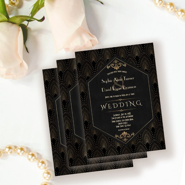 Royal Gold Black Great Gatsby Art Deco Wedding Invitation (trendy wedding, gold black Art Deco wedding, elegant great Gatsby wedding invitation roaring 20s )