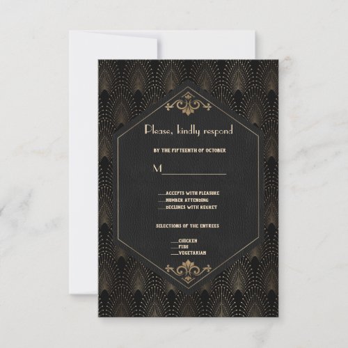 Royal Gold Black Great Gatsby Art Deco Wedding RSVP Card