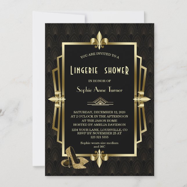 Royal Gold Black Great Gatsby Lingerie Shower Invitation (Front)