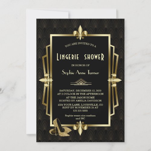 Royal Gold Black Great Gatsby Lingerie Shower Invitation