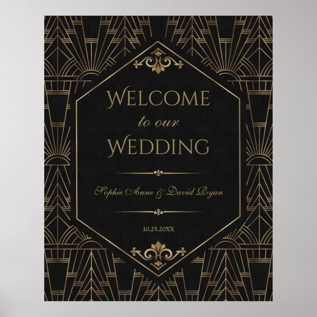 Royal Gold Black Great Gatsby Wedding Welcome Sign (Front)