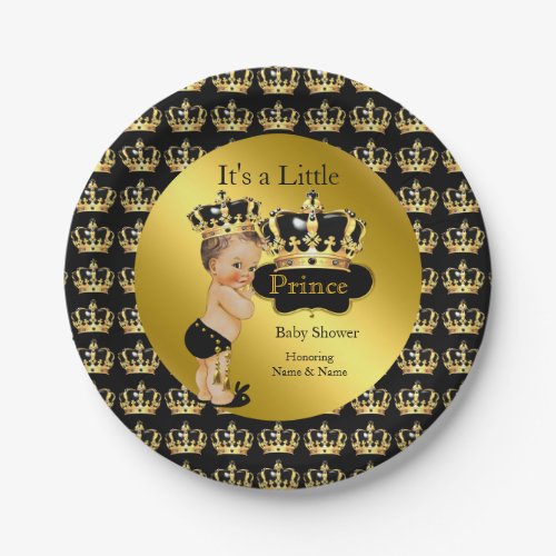 Royal Gold Black Prince Crown Baby Shower Brunette Paper Plates