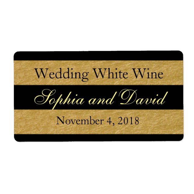 Royal Gold black Stripes Wedding Wine Label (Front)