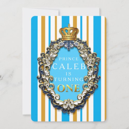 Royal Gold  Blue Crown 1st Birthday Invitation