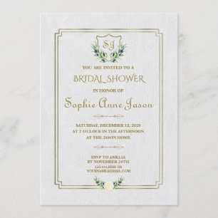 Royal Gold Crest Greenery Floral Bridal Shower Invitation