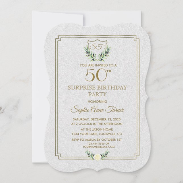 Royal Gold Crest Lush Greenery 50th Birthday Party Invitation (Front)