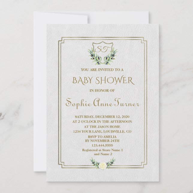 Royal Gold Crest Lush Greenery Baby Shower Invite (Front)