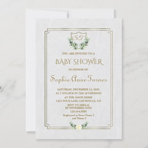 Royal Gold Crest Lush Greenery Baby Shower Invite