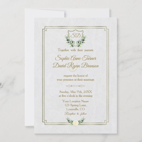 Royal Gold Crest Lush Greenery Monogram Wedding Invitation