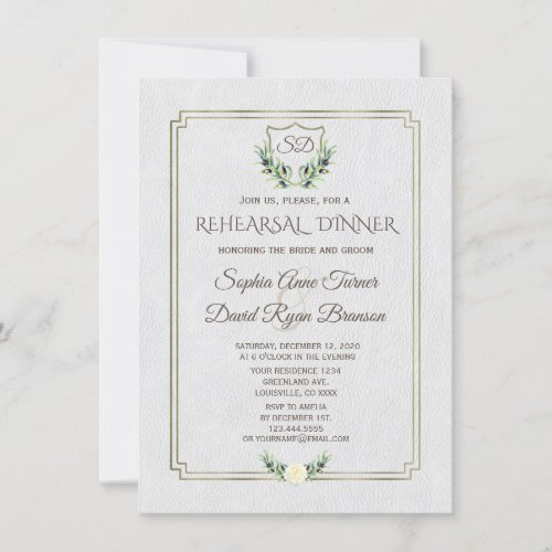 Royal Gold Crest Lush Greenery Rehearsal Dinner Invitation