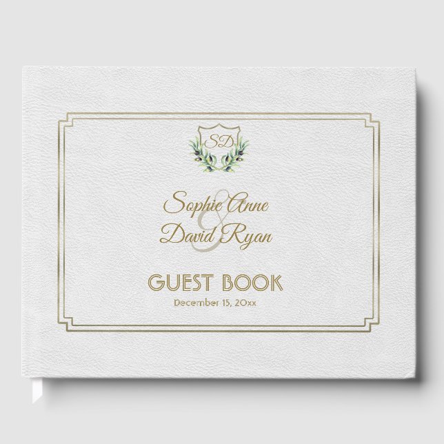 Royal Gold Crest Lush Greenery Wedding Guest Book (Front)