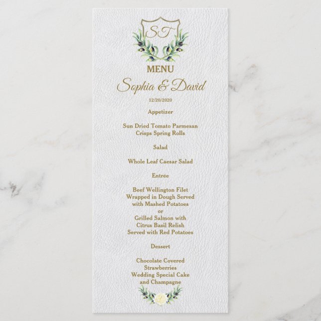 Royal Gold Crest Lush Greenery Wedding Menu (Front)