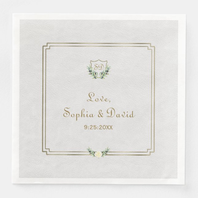 Royal Gold Crest Lush Greenery Wedding Paper Dinner Napkins (Front)
