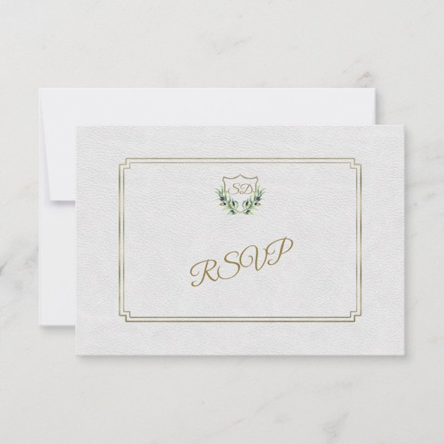 Royal Gold Crest Lush Greenery Wedding RSVP (Front)