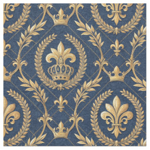 Royal Gold Crown Blue Velvet Luxury Damask Pattern Fabric