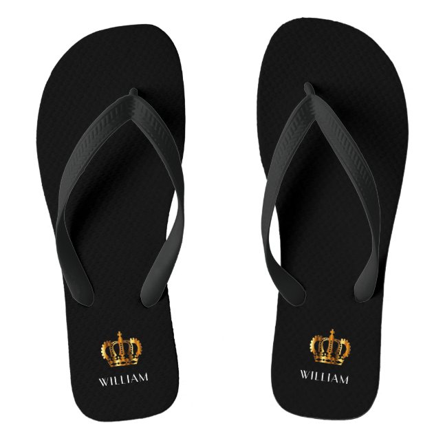 Royal Gold Crown Customized Name Black Flip Flops (Footbed)