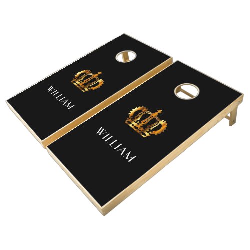 Royal Gold Crown Customized Names Black Cornhole Set