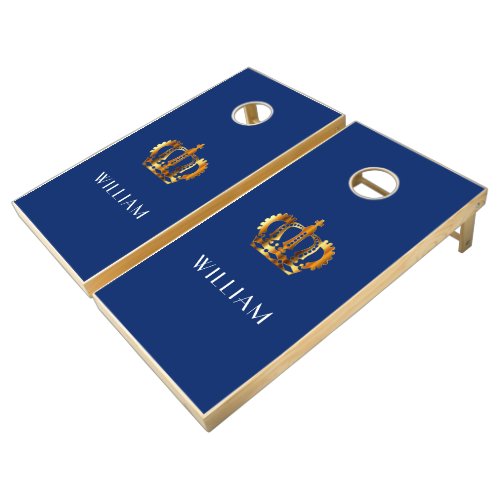 Royal Gold Crown Customized Names Blue Cornhole Set