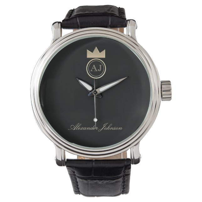 Royal Gold Crown Monogram , Elegant Black Name Watch (Front)