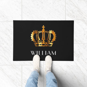 Royal Gold Crown Personalized Name Black Doormat