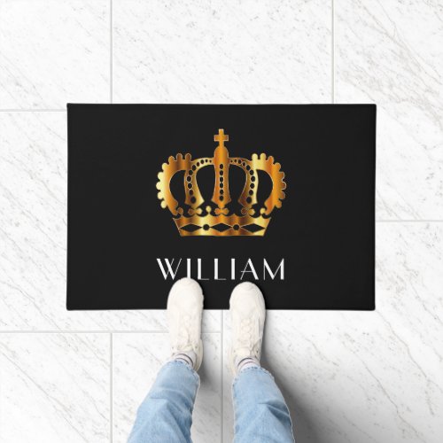 Royal Gold Crown Personalized Name Black Doormat