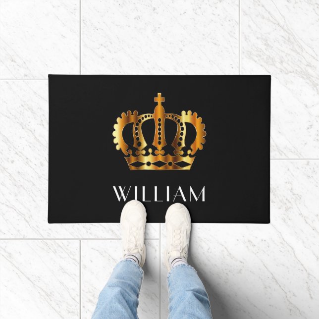 Royal Gold Crown Personalized Name Black Doormat (Indoor)