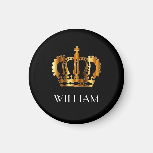 Royal Gold Crown Personalized Name Black Magnet (Front)