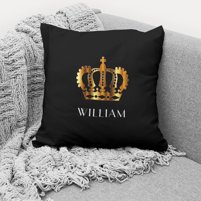 Royal Gold Crown Personalized Name Black Throw Pillow (Creator Uploaded)