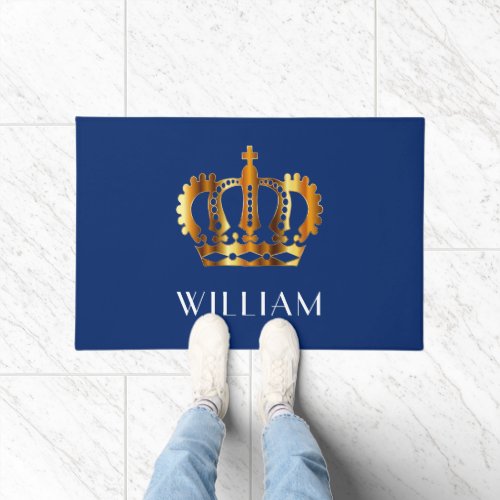 Royal Gold Crown Personalized Name Blue Doormat