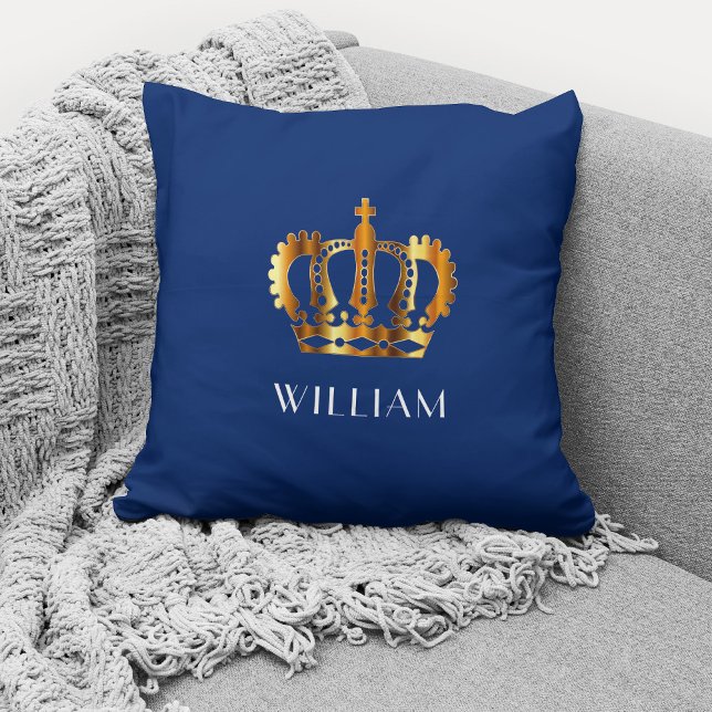 Royal Gold Crown Personalized Name Blue Throw Pillow (Creator Uploaded)