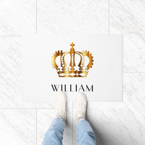 Royal Gold Crown Personalized Name White Doormat