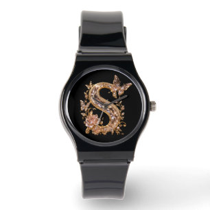 Royal Gold Crystal Letter S Luxury Monogram Watch