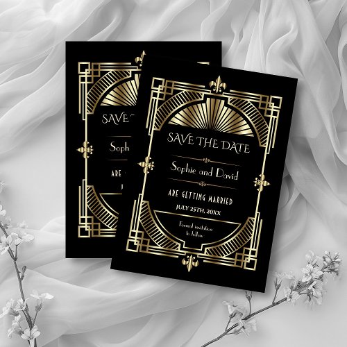 Royal Gold Fleur_de_lis 20s Wedding Save The Date Invitation