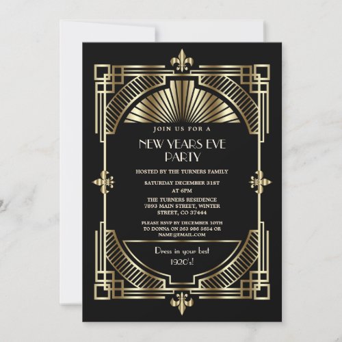 Royal Gold Fleur_de_lis Art Deco New Year Party Invitation