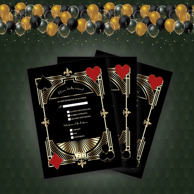 Royal Gold Fleur-de-lis Great Gatsby Wedding RSVP Card (Creator Uploaded)