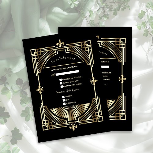 Royal Gold Fleur_de_lis Great Gatsby Wedding RSVP Card
